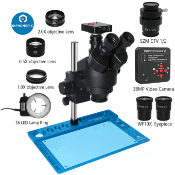 Industrial Trinocular Stereo Microscope+HDMI Camera+Blue Aluminum Pad